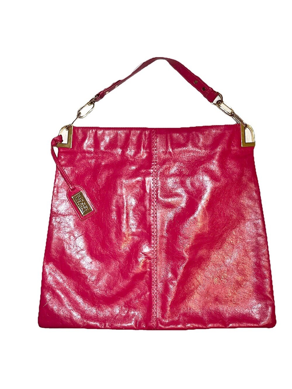 Badgley Mischka Hot Pink Patent Leather Tote Bag Gold Logo Large Shoulder Bag